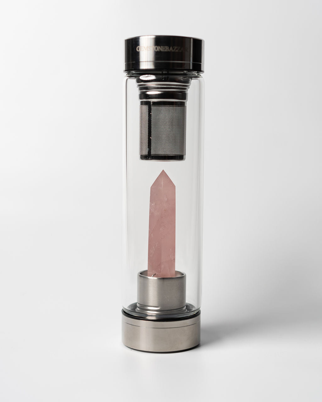 Magical Rose Quartz Crystal infused water bottle, with tea infuser.
