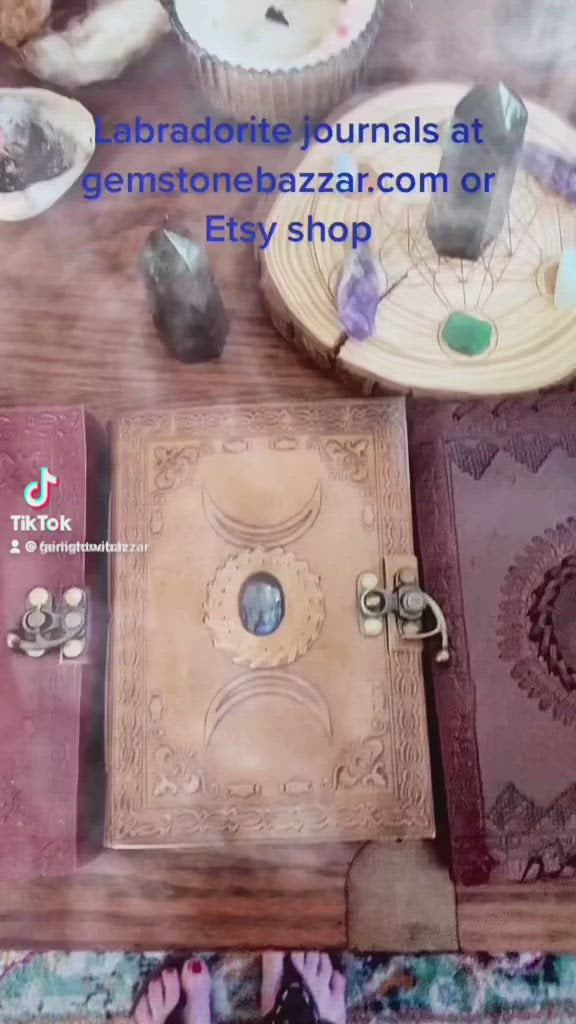 Labradorite crystal embossed handmade leather journal